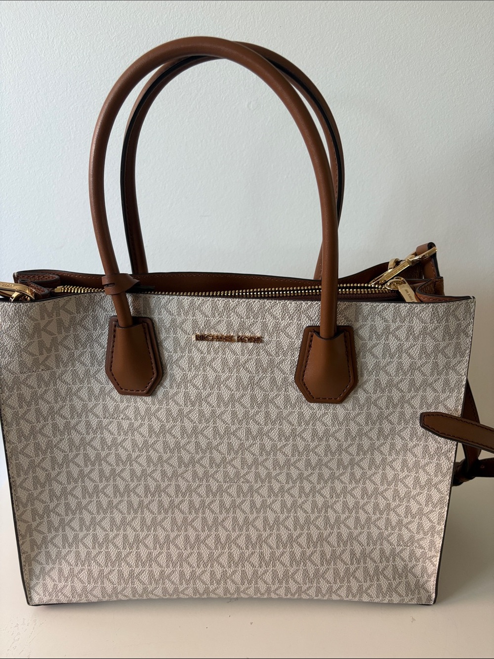 Michael Kors Vanilla Signature Tote with Brown Trim
